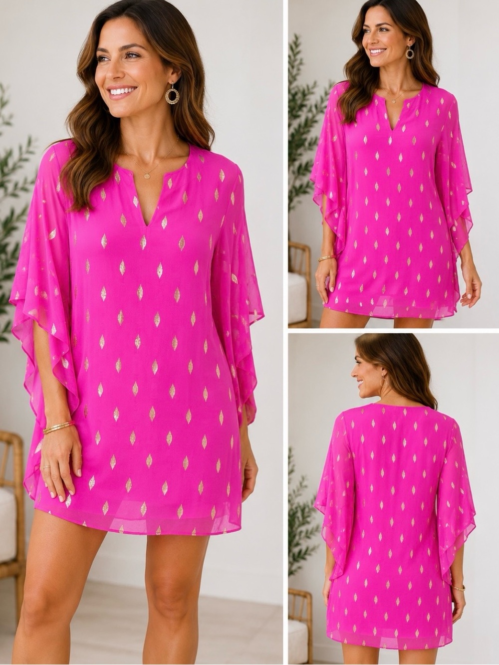 Lilly Pulitzer Hot Pink Tunic Dress with Metallic Gold Leaf Print NWT